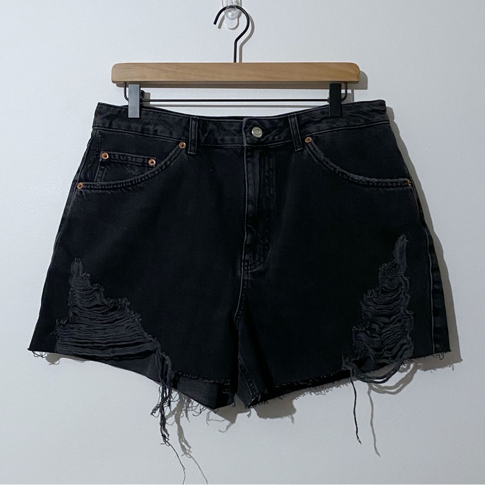 Topshop Black Ripped Distressed Denim Jean Shorts Size 10